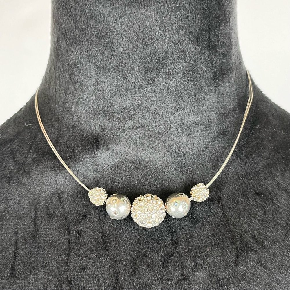 Disco Ball 90s Wire Choker Necklace Sparkling Pavé Round Silver Tone Sparkle